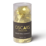 Gold foil Oscars logo Academy Awards Viewing Party Kit confetti in a clear cylindrical container with a brown label on a white background