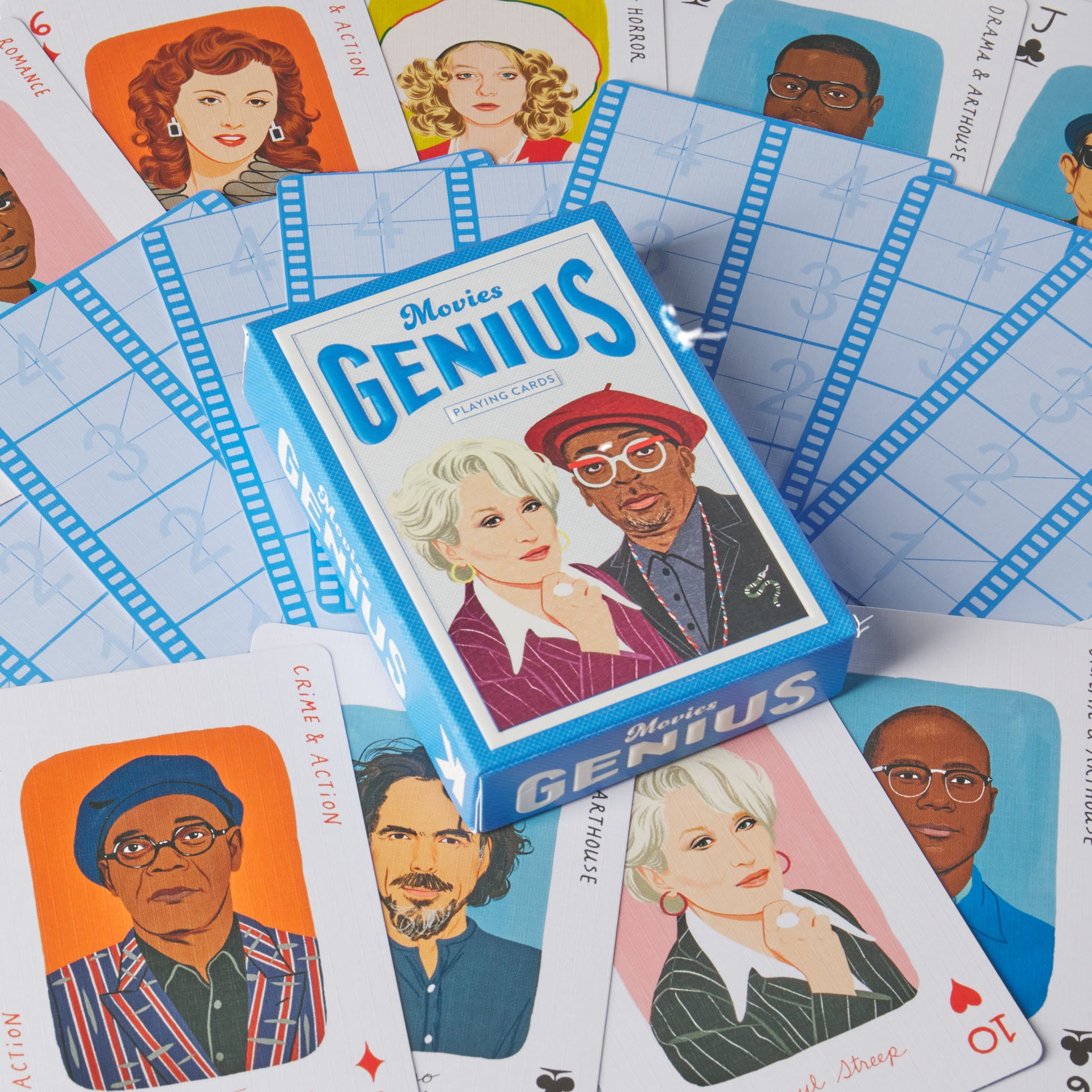 Movies Genius playing cards with character portraits on a blue card.