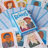 Movies Genius playing cards with character portraits on a blue card.