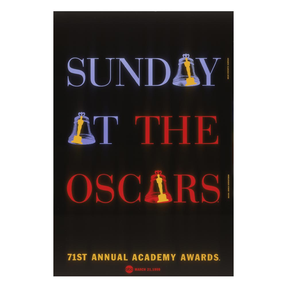 Promotional poster for the 71st Annual Academy Awards with colorful text and Oscar statuettes on a black background.