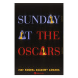 Promotional poster for the 71st Annual Academy Awards with colorful text and Oscar statuettes on a black background.