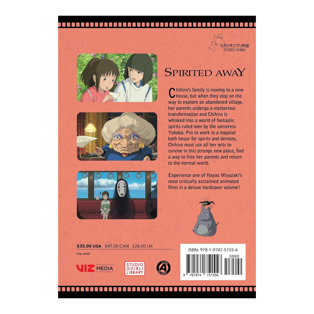 Back cover of 'Spirited Away' with illustrations and text on a pink background