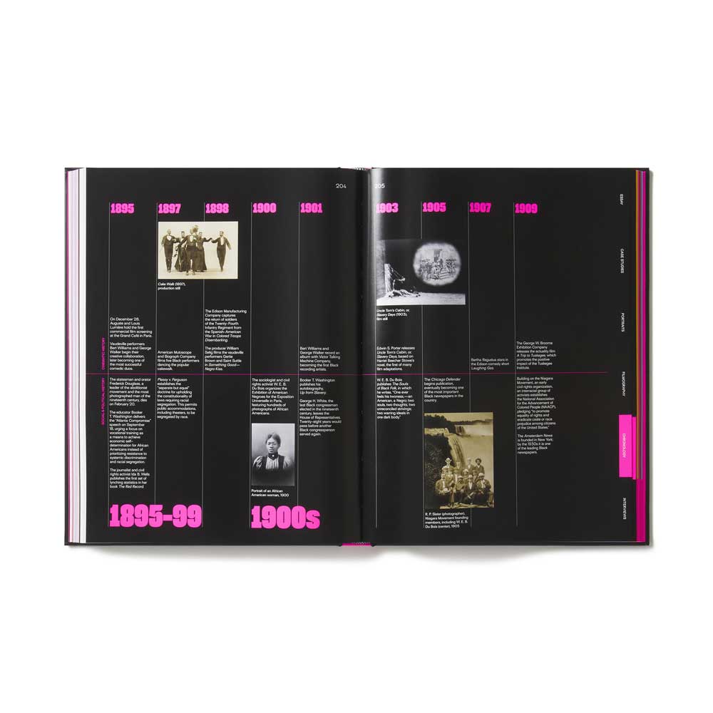 Open book showing historical content with dates and images on a white  Academy Musseum Exhibition Cataloguebackground