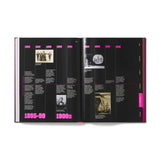 Open book showing historical content with dates and images on a white  Academy Musseum Exhibition Cataloguebackground