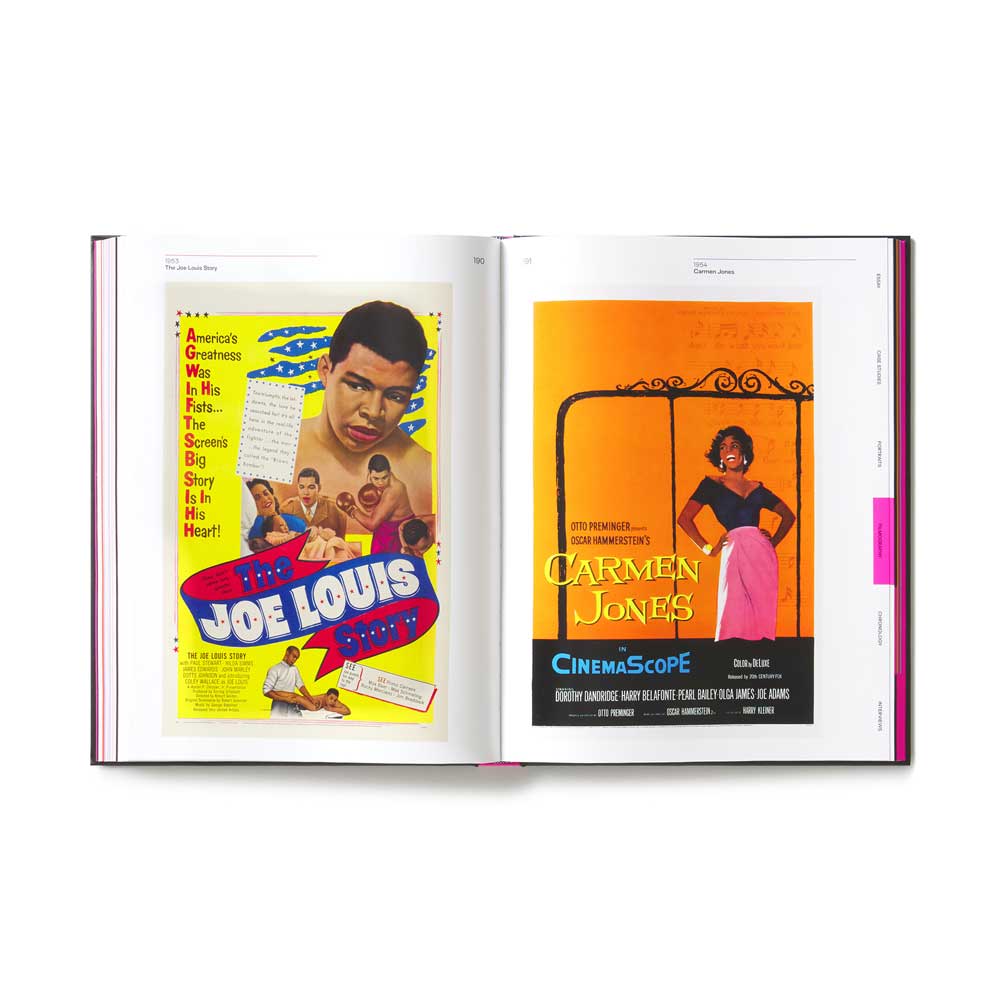 Open book displaying movie posters for 'The Joe Louis Story' and 'Carmen Jones'. Academy Musseum Exhibition Catalogue