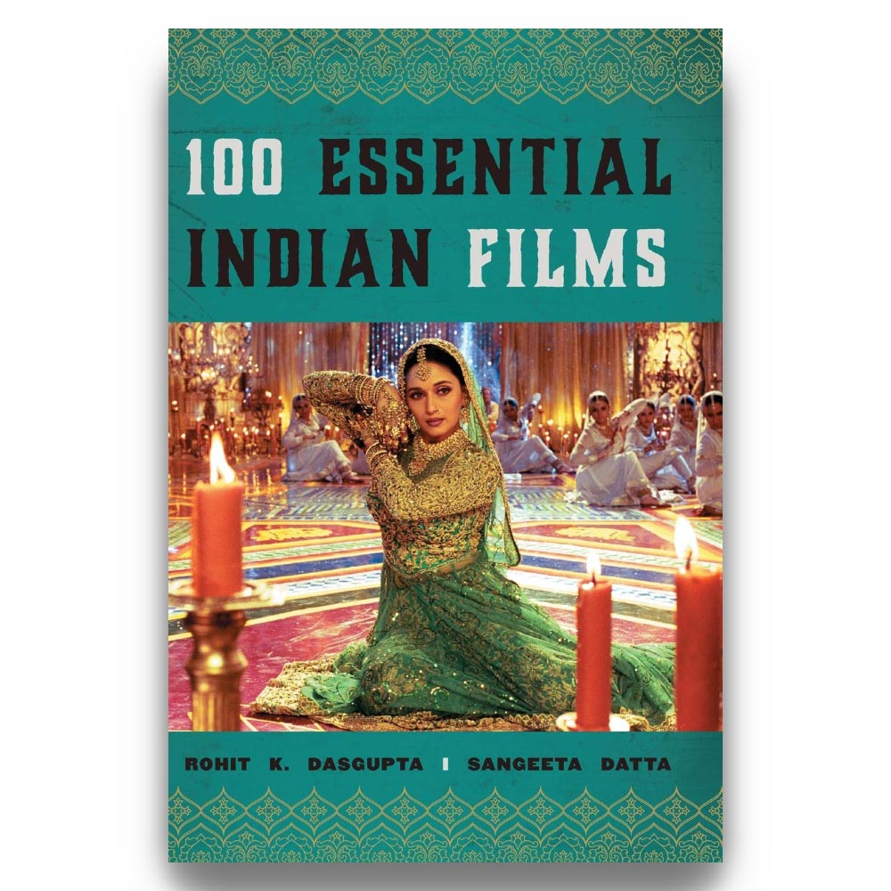 Book cover of '100 Essential Indian Films' with a woman in traditional attire on a decorative background.