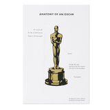 white postcard of  'Anatomy of an Oscar' with a gold statue illustration on a white background