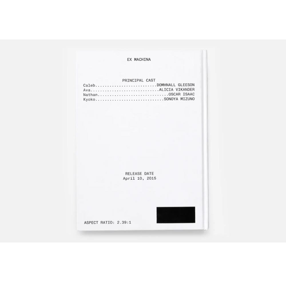 White book back cover with credits with black text on a white background