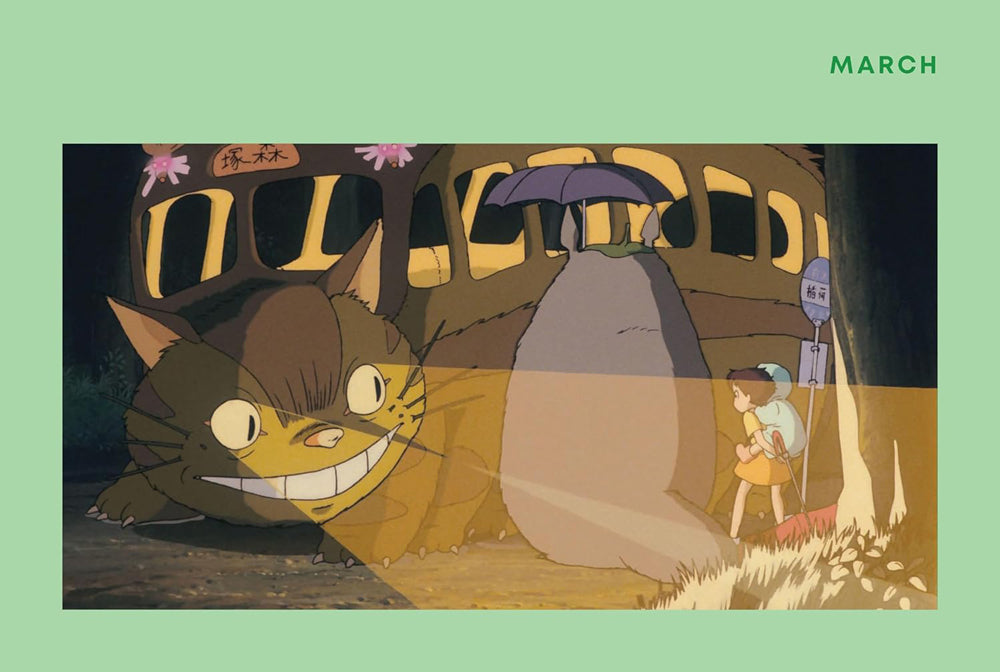 Animated scene with a cat-like creature and a girl under an umbrella, with 'MARCH' text on a green border.