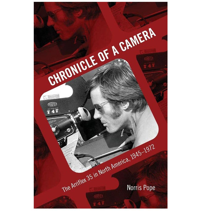 Book cover of 'Chronicle of a Camera' with a person and camera on a red background Filmmaking Books at the Academy Museum Store