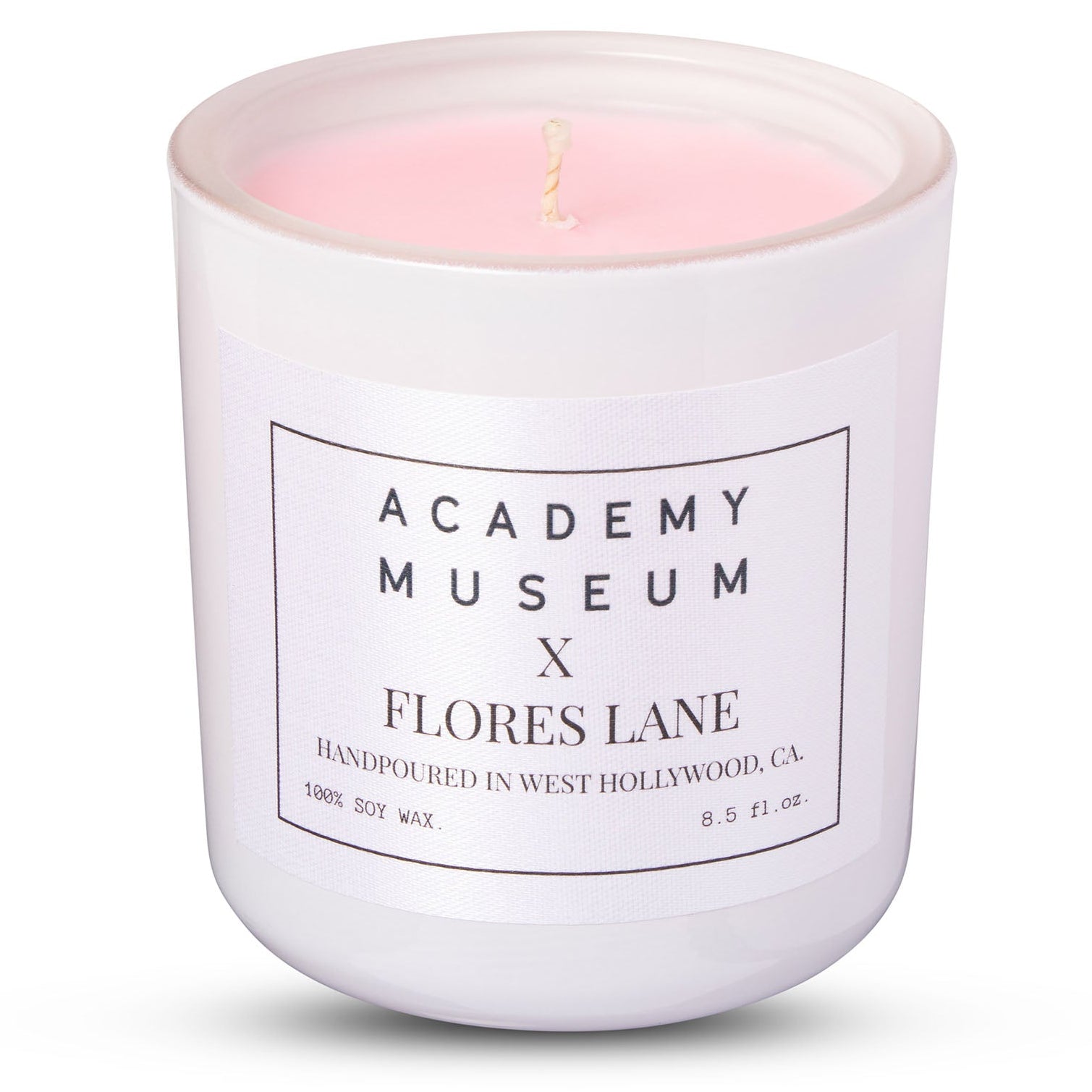 Candle in a white container with 'Academy Museum x Flores Lane' label on a white background FLORES LANE MOVIE GENRE SCENTED CANDLE: PERIOD MOVIE | ACADEMY MUSEUM