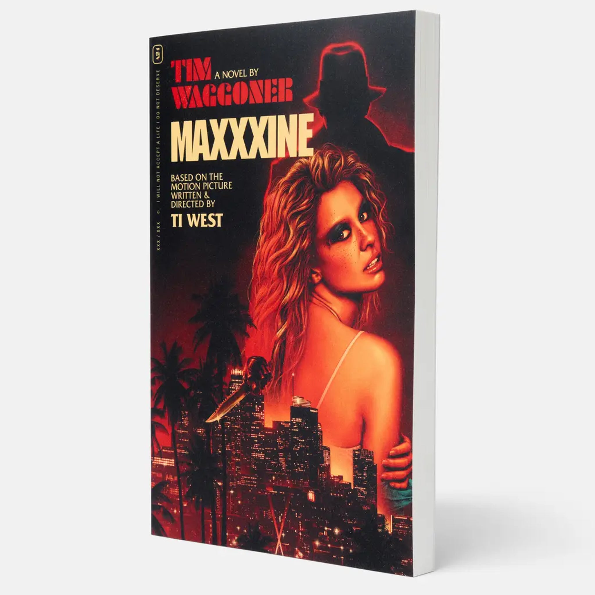 Book cover of 'Maxxxine' by Tim Waggoner with a woman's face and cityscape on a dark background. Dive into MaXXXine: The Novel, where Maxine Minx battles a killer in 1980s Hollywood. Experience the horror and glamour in this gripping adaptation by Tim Waggoner.