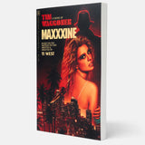 Book cover of 'Maxxxine' by Tim Waggoner with a woman's face and cityscape on a dark background. Dive into MaXXXine: The Novel, where Maxine Minx battles a killer in 1980s Hollywood. Experience the horror and glamour in this gripping adaptation by Tim Waggoner.