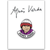 Illustration of Agnes Varda with her signature on a white background