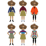Illustrations of six dolls of costume designer ruth carter with different outfits on a white background