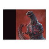 Monster-like creature with red accents on a red background