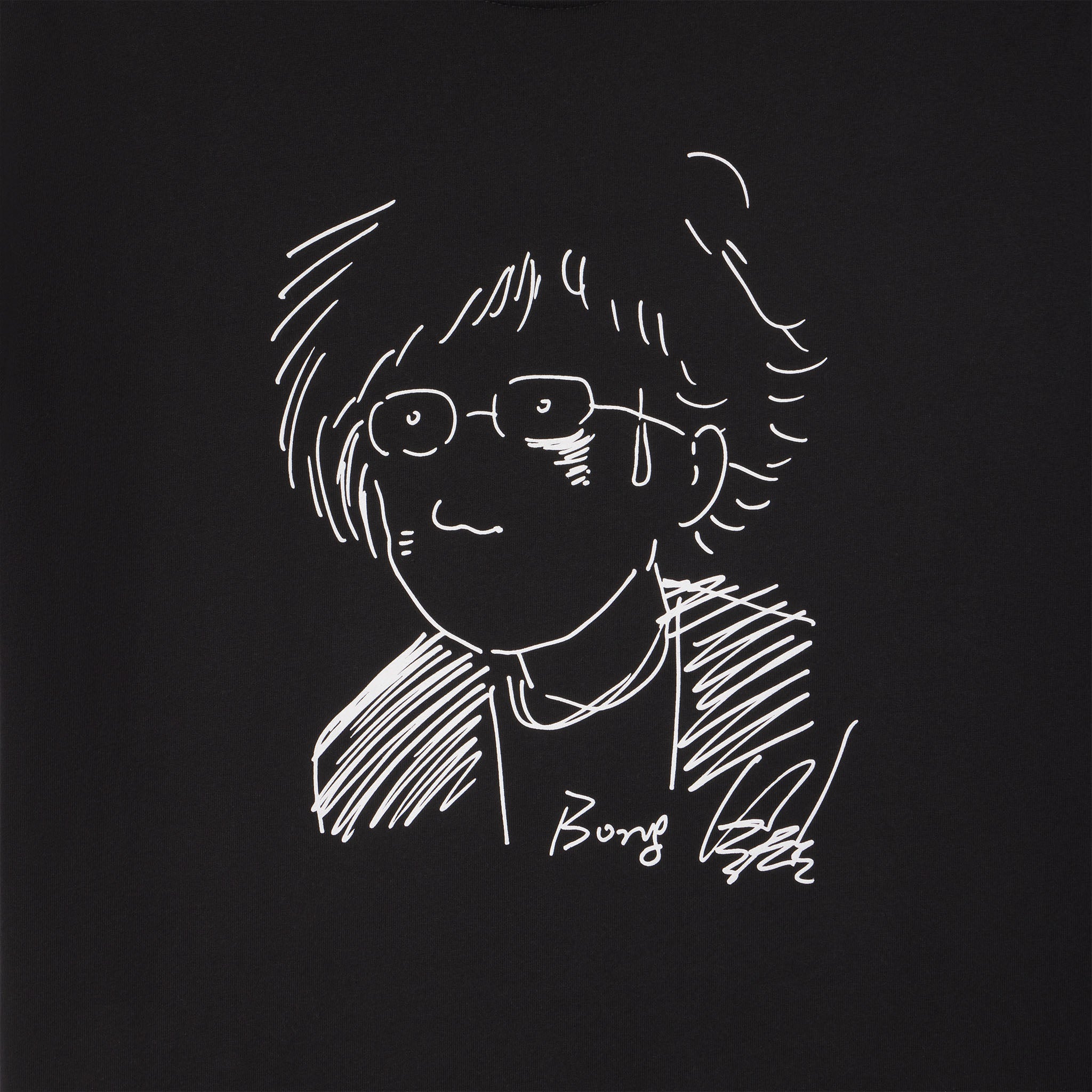 Black t-shirt with white line art of a person wearing glasses on a black background. Self portrait sketch of the Oscar winning director Bong Joon Ho
