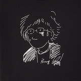 Black t-shirt with white line art of a person wearing glasses on a black background. Self portrait sketch of the Oscar winning director Bong Joon Ho