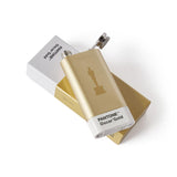 Gold flask labeled 'Pantone Oscar Gold' on a white background