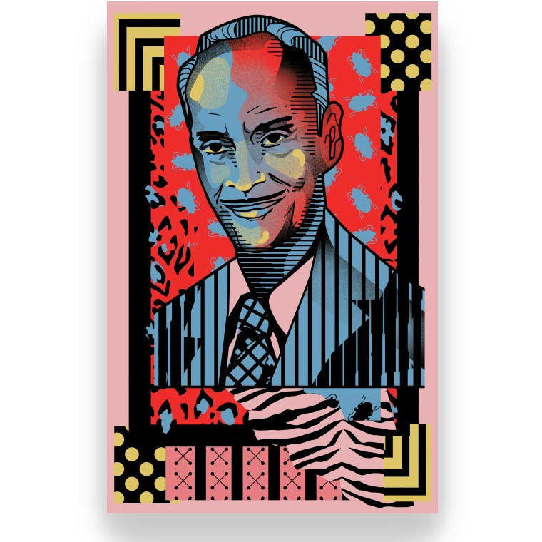 Colorful abstract portrait of a man with geometric patterns on a pink background. Artistic print of Director and filmmaker John Waters for the Academy Museum