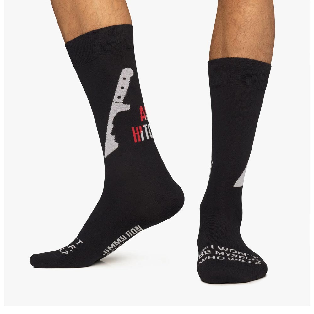 Black socks with graphic design and text on a white background