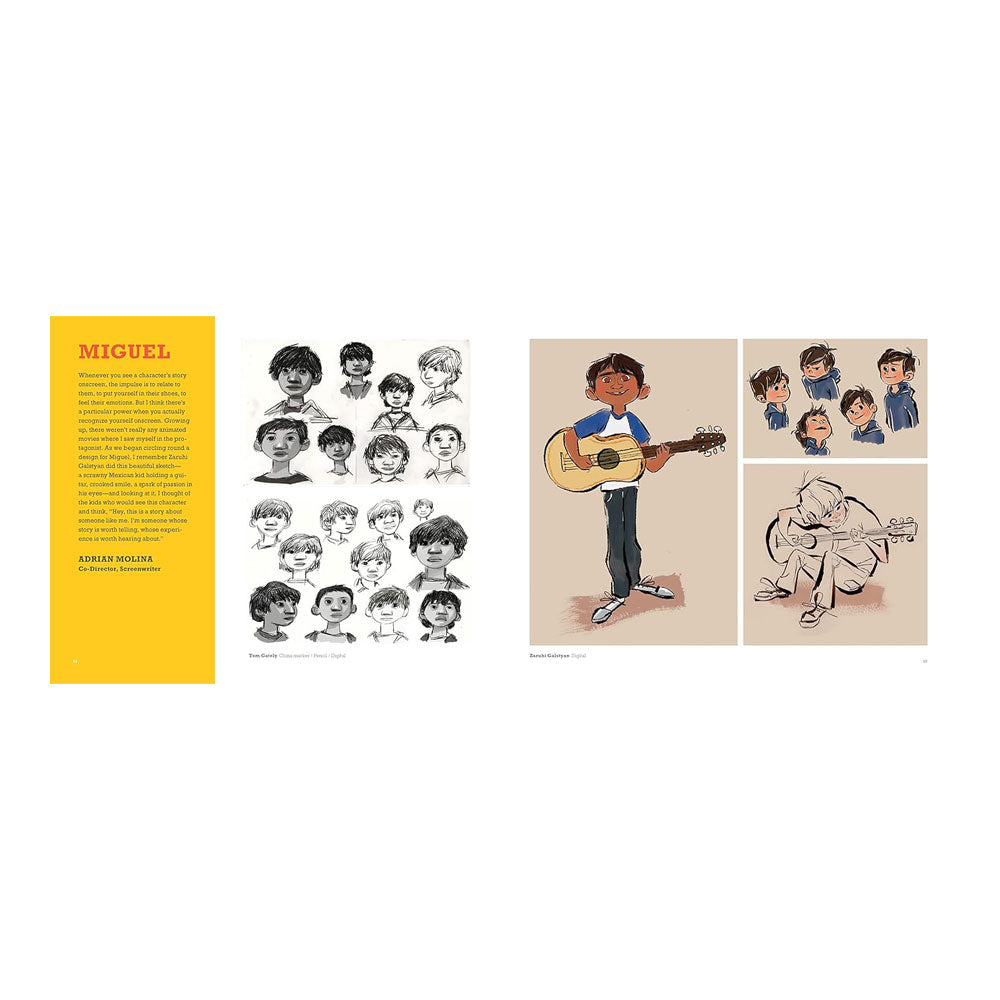 Illustrations of a character named Miguel and his various poses on a white background.