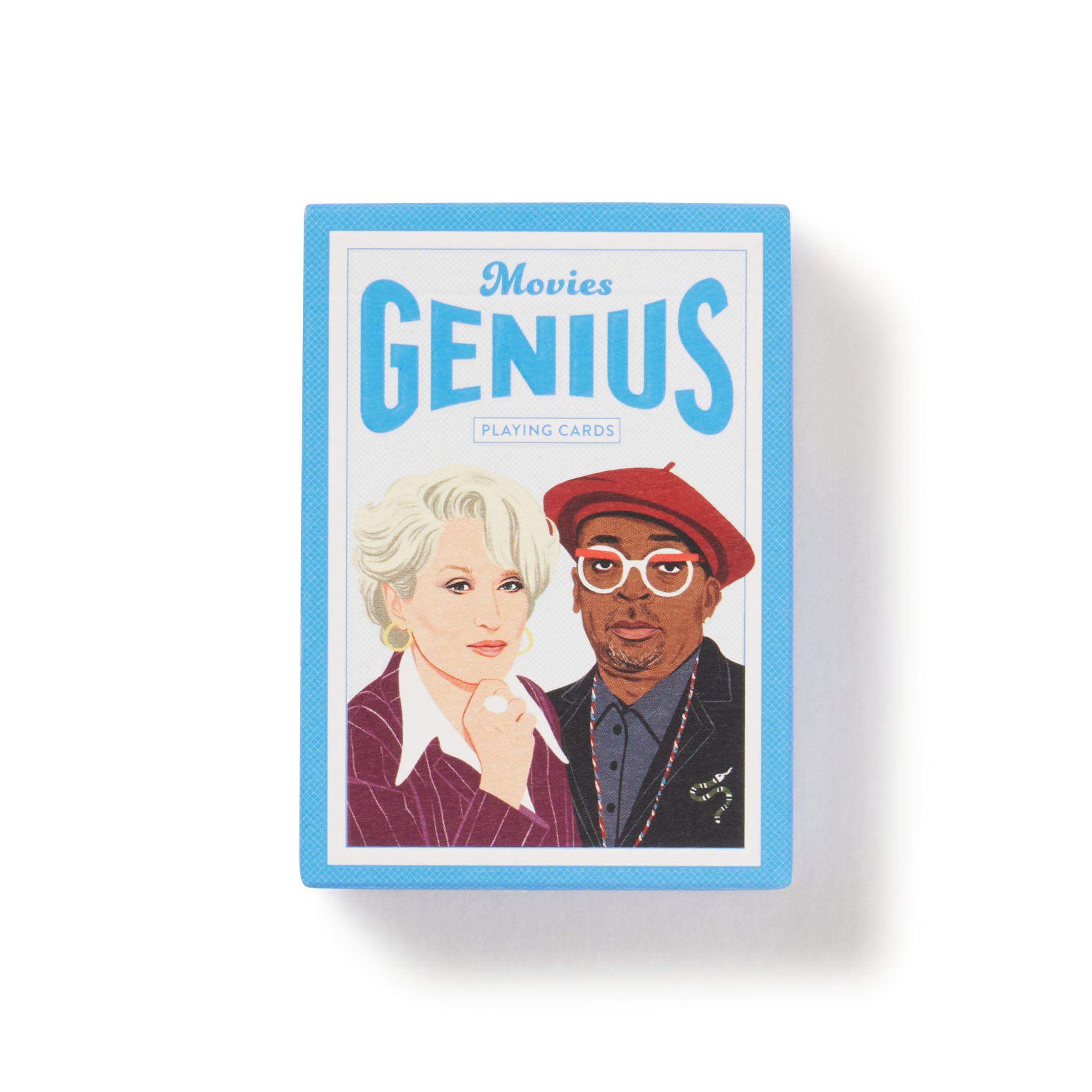 Playing card box with illustrations of two people and 'Movies Genius' text on a white background