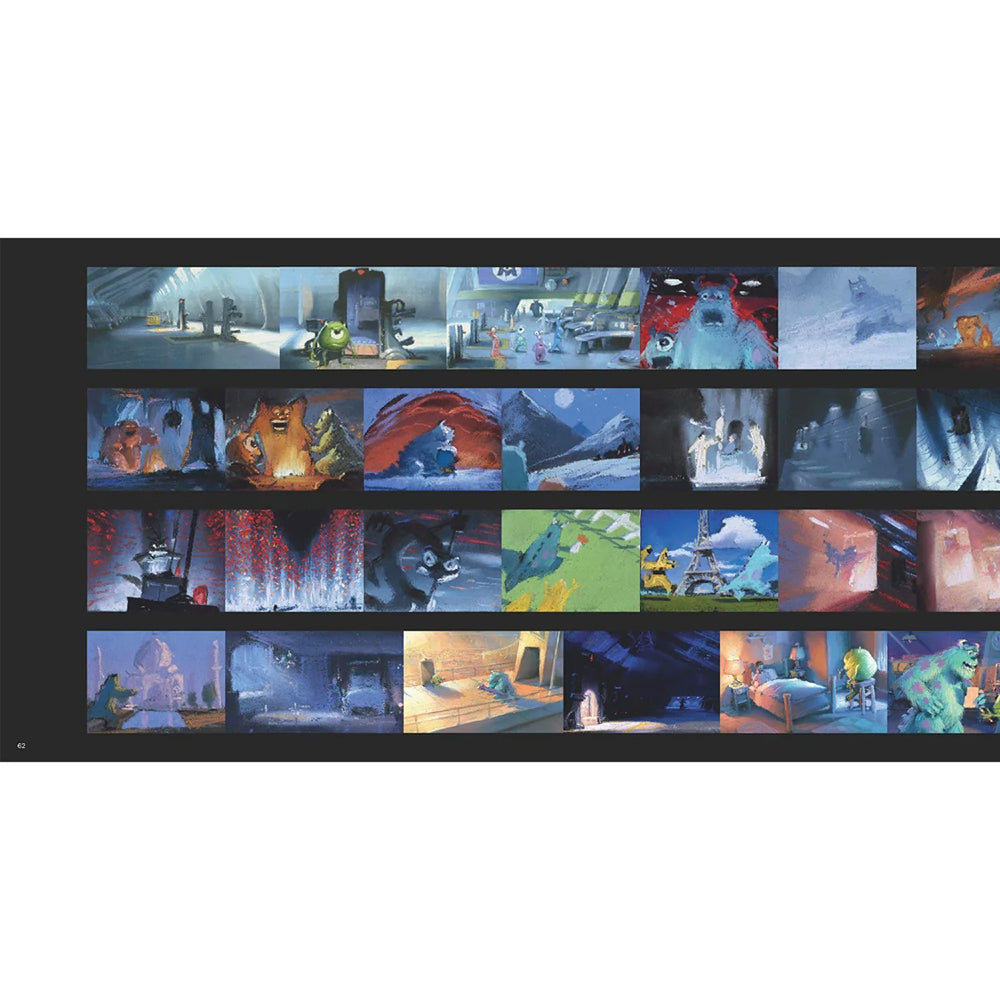Collection of animated scene thumbnails arranged in a grid on a black background.