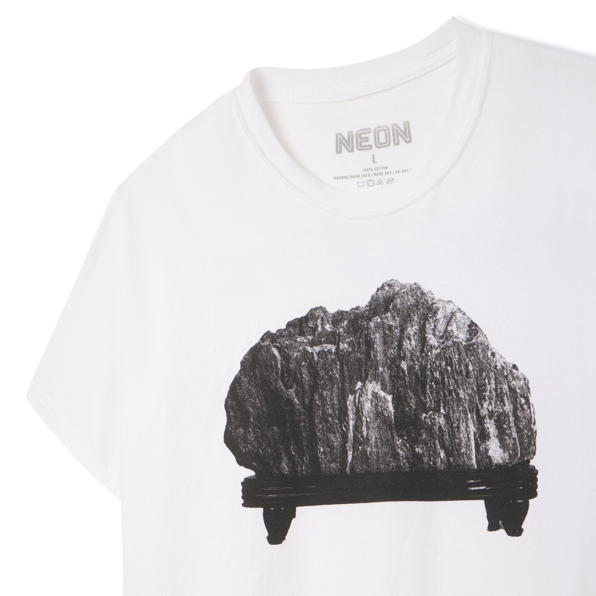 White t-shirt with black and white graphic of a rock on a white background