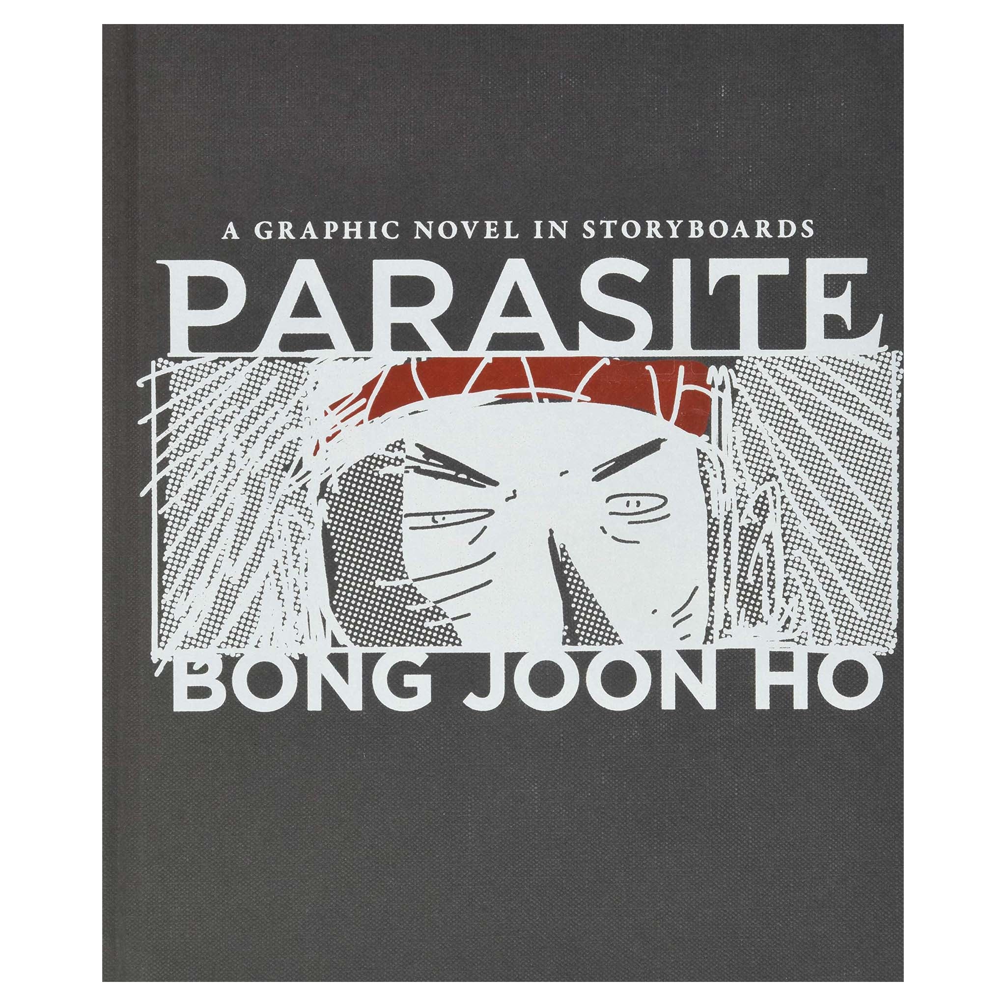Book cover of 'Parasite' by Bong Joon Ho with a stylized face illustration on a black background.