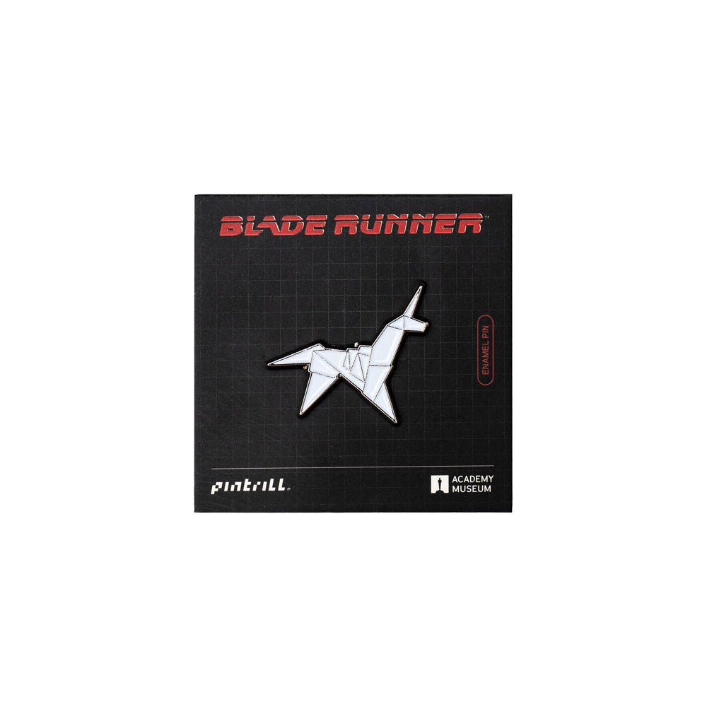 Pin featuring a paper horse design on a 'Blade Runner' moive branded card with Pintrill and Academy Museum logos. Cyberpunk Movie
