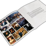 Open book showing a collage of images and text on a white background