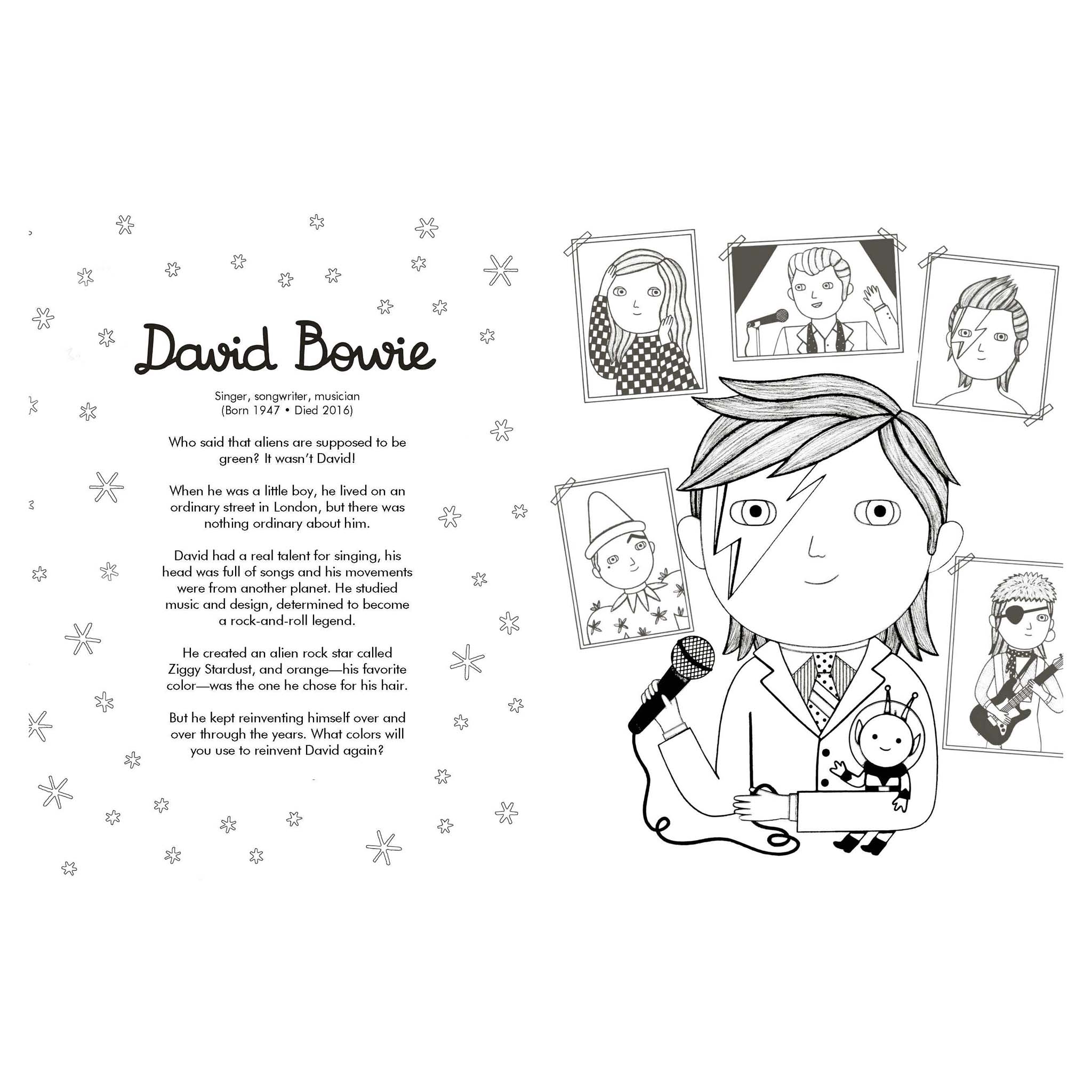 Black and white illustration of a person with a microphone and portraits on a white background