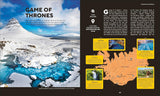 Book page with Game of Thrones location map and scenic photograph of a snowy landscape.