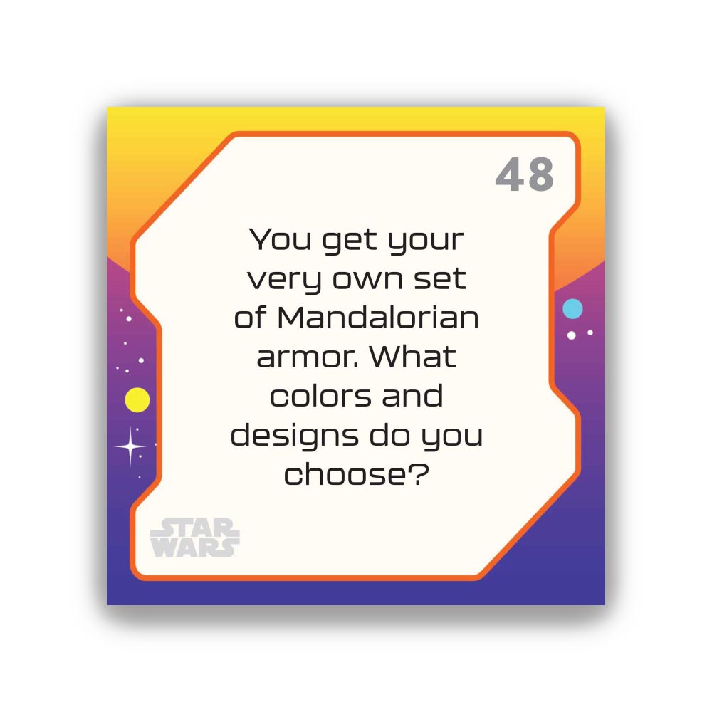 Card with text about choosing Mandalorian armor colors and designs, featuring Star Wars branding.