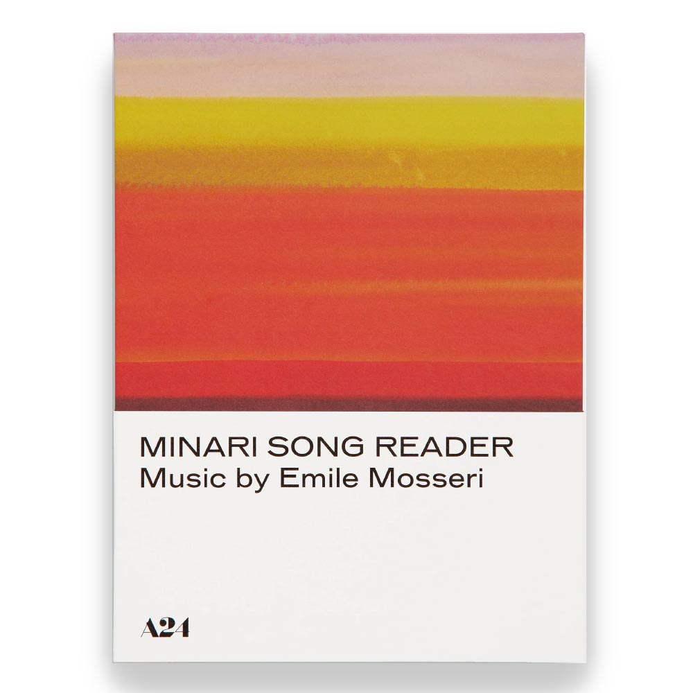 Book cover with colorful striped design and text 'Minari Song Reader Music by Emile Mosseri' on a white background