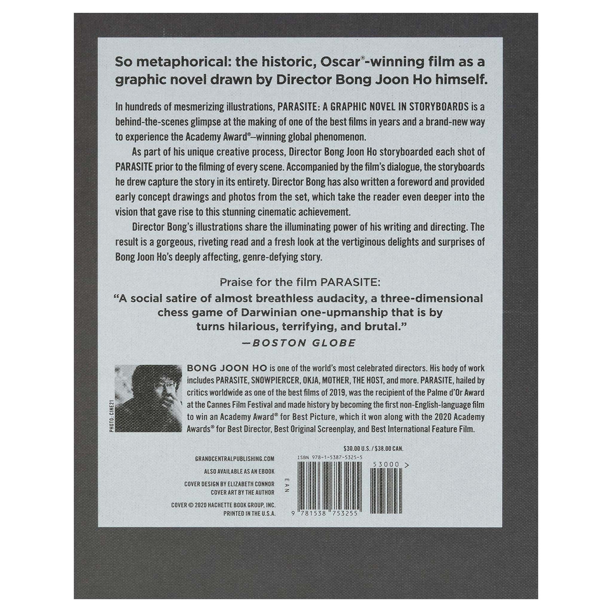 Back cover of a book with text and a barcode, featuring a quote from the Boston Globe about the film 'Parasite'.