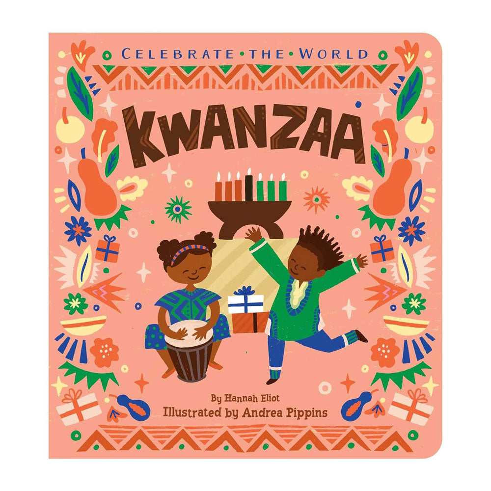 Book cover of 'Kwanzaa' with colorful illustrations and text on a pink background