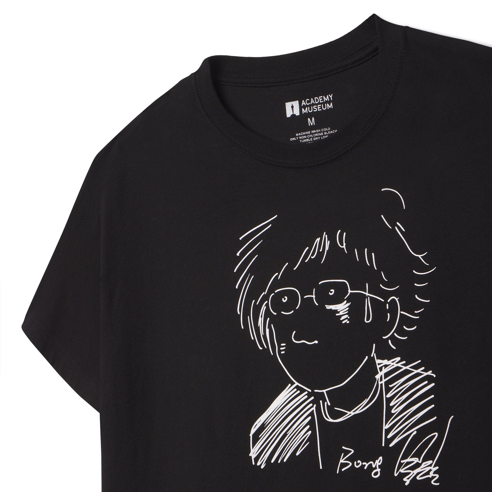 Black t-shirt with white graphic of a person wearing glasses and 'Borg' text, Academy Museum logo visible.