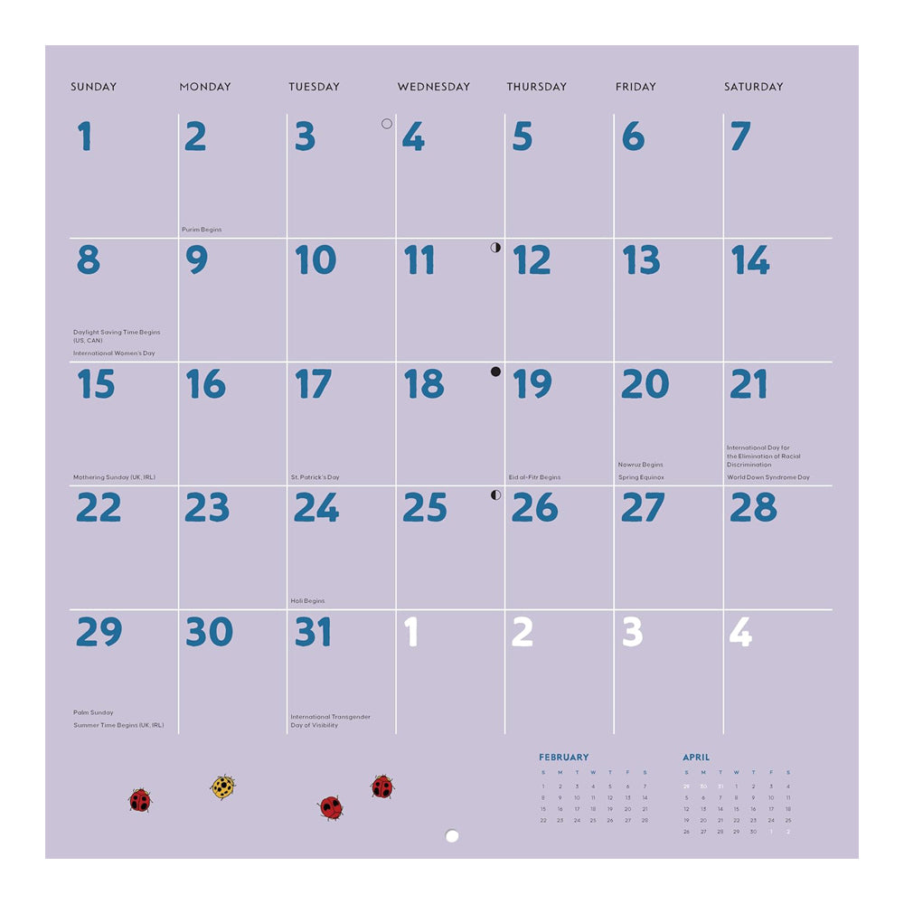 Calendar with blue numbers on a light purple background