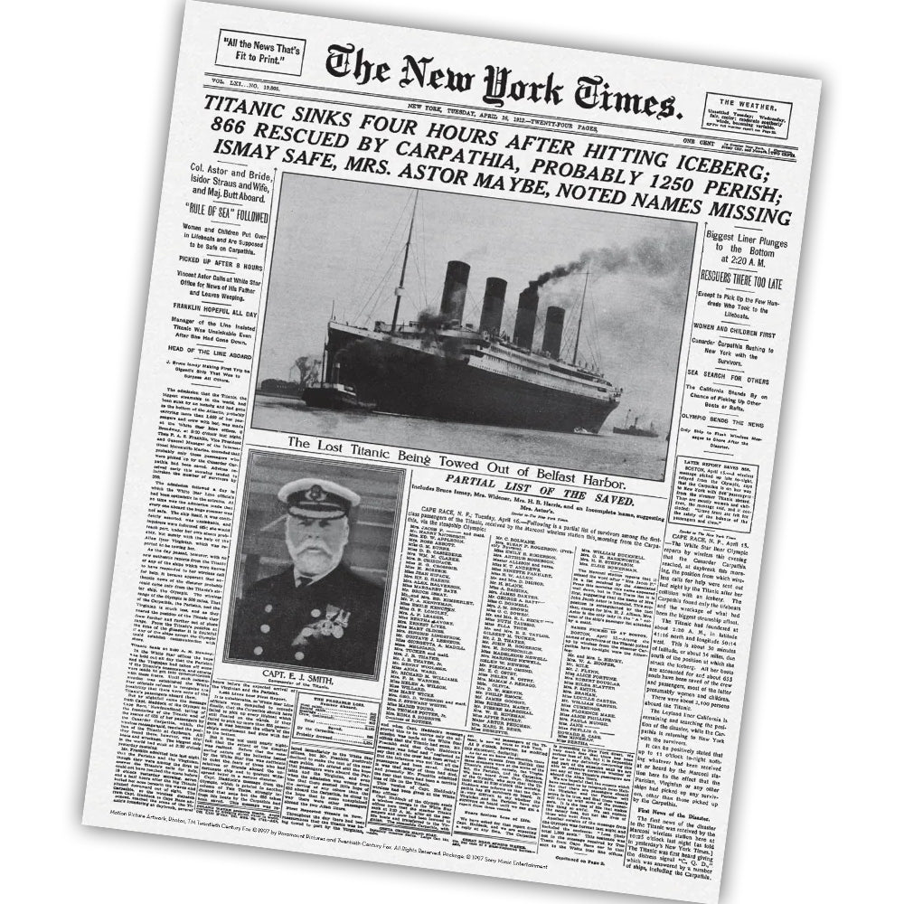 Newspaper headline about the Titanic sinking with a photo of the ship and a portrait of a man, likely a ship's officer.
