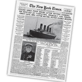 Newspaper headline about the Titanic sinking with a photo of the ship and a portrait of a man, likely a ship's officer.