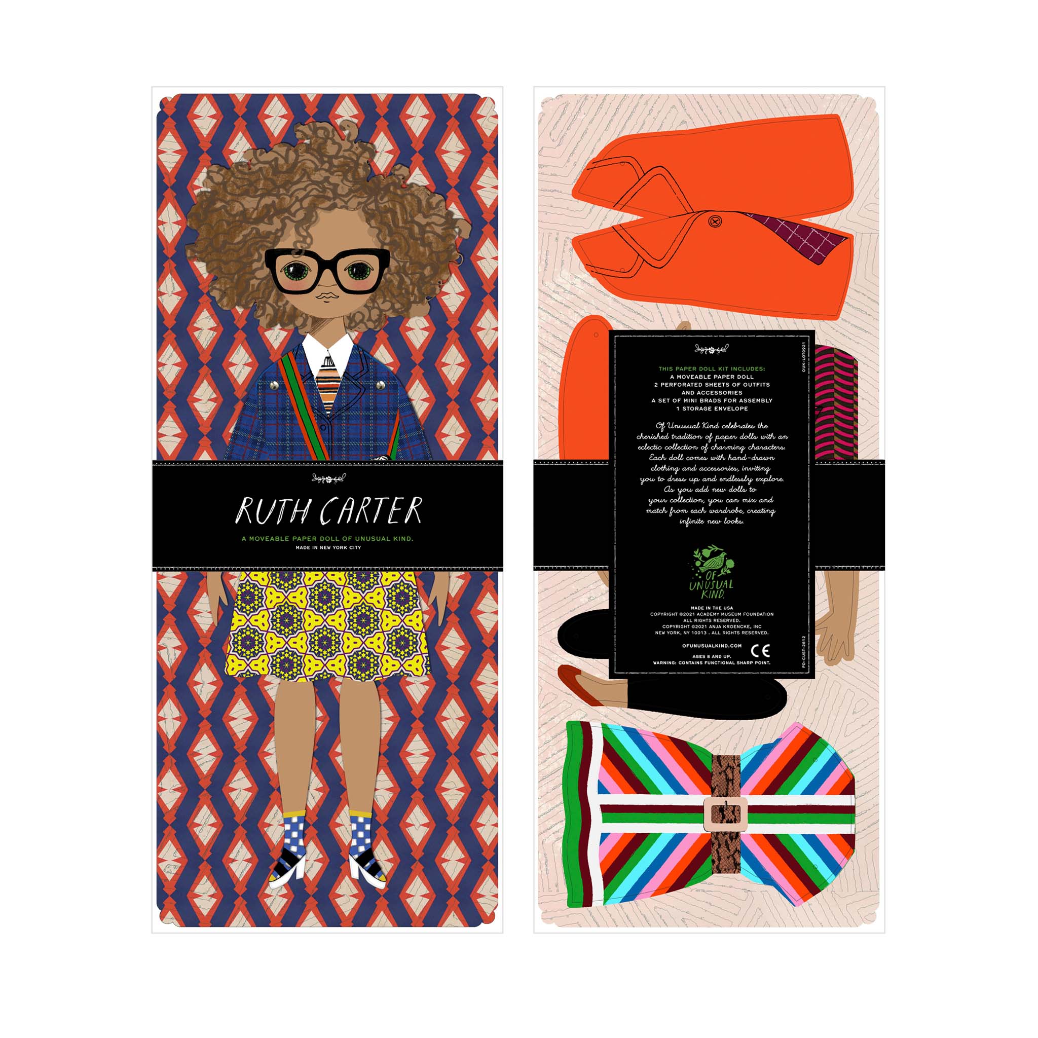 Packaged product with a colorful bow tie and shoe design, featuring the brand 'Ruth Carter'.