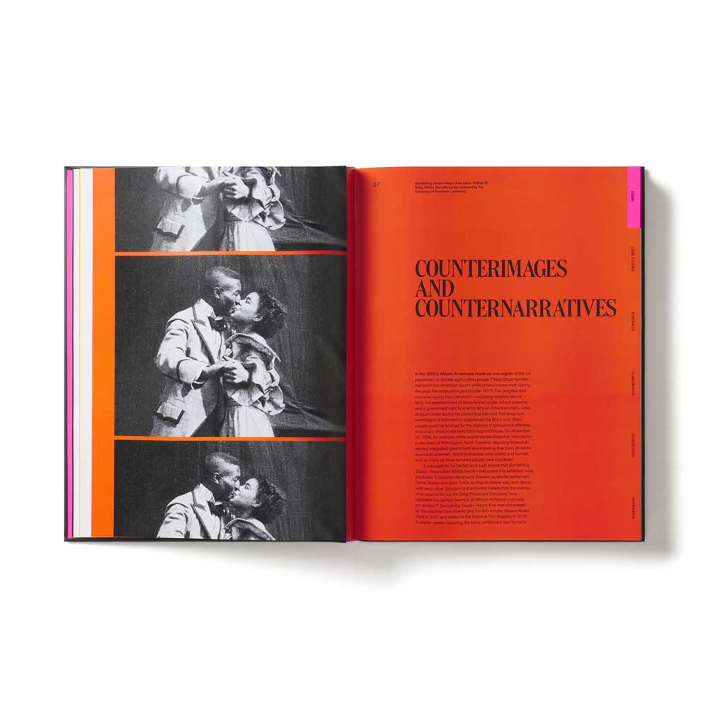 Open book with black and white images on the left and text on the right, titled 'Counterimages and Counter Narratives'. Academy Musseum Exhibition Catalogue