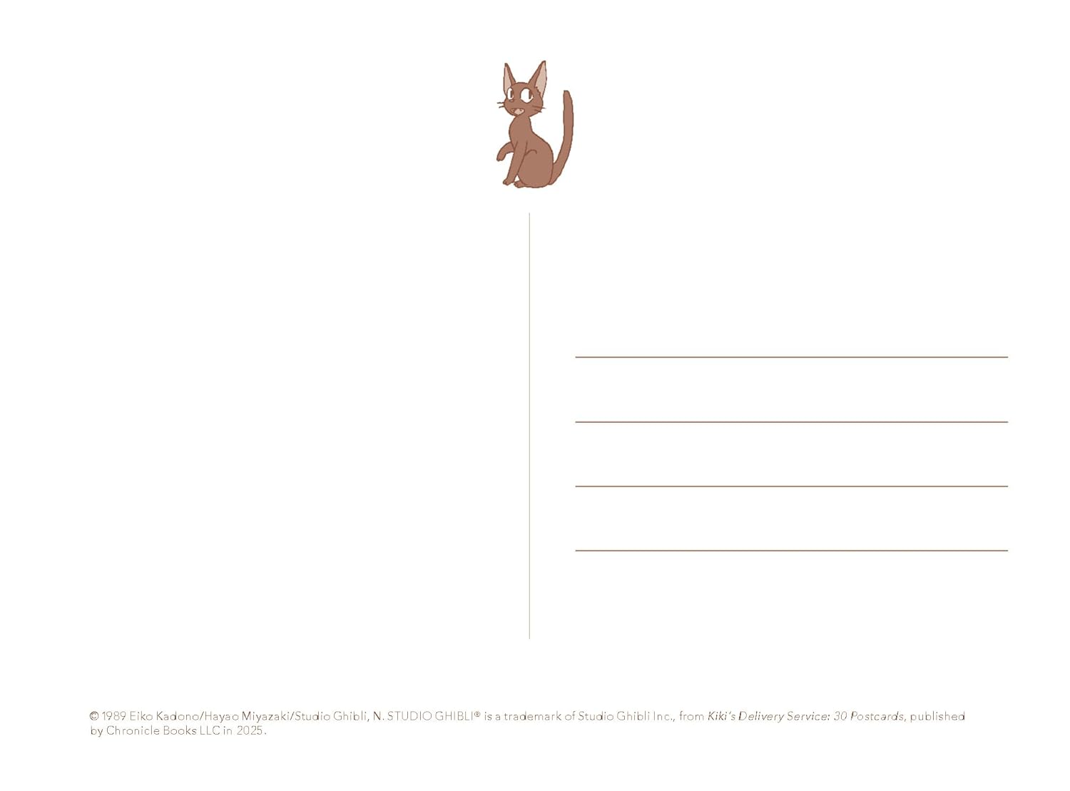 Postcard with a cat illustration on a white background Discover the magic of Studio Ghibli with Kiki's Delivery Service: 30 beautifully hand-drawn postcards celebrating Miyazaki's enchanting artistry.