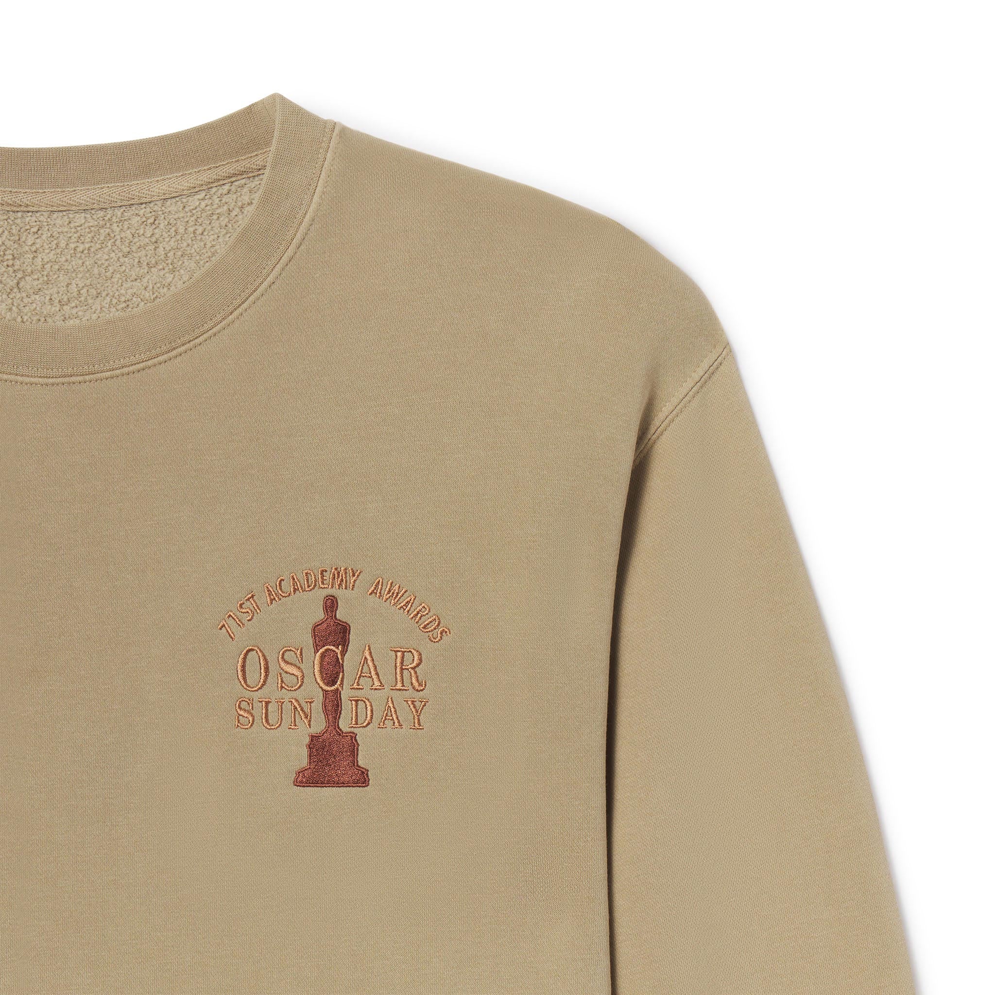 Men's Women's Adult Beige sweatshirt with 'Academy Awards Oscar Sunday' text and statue on a white background