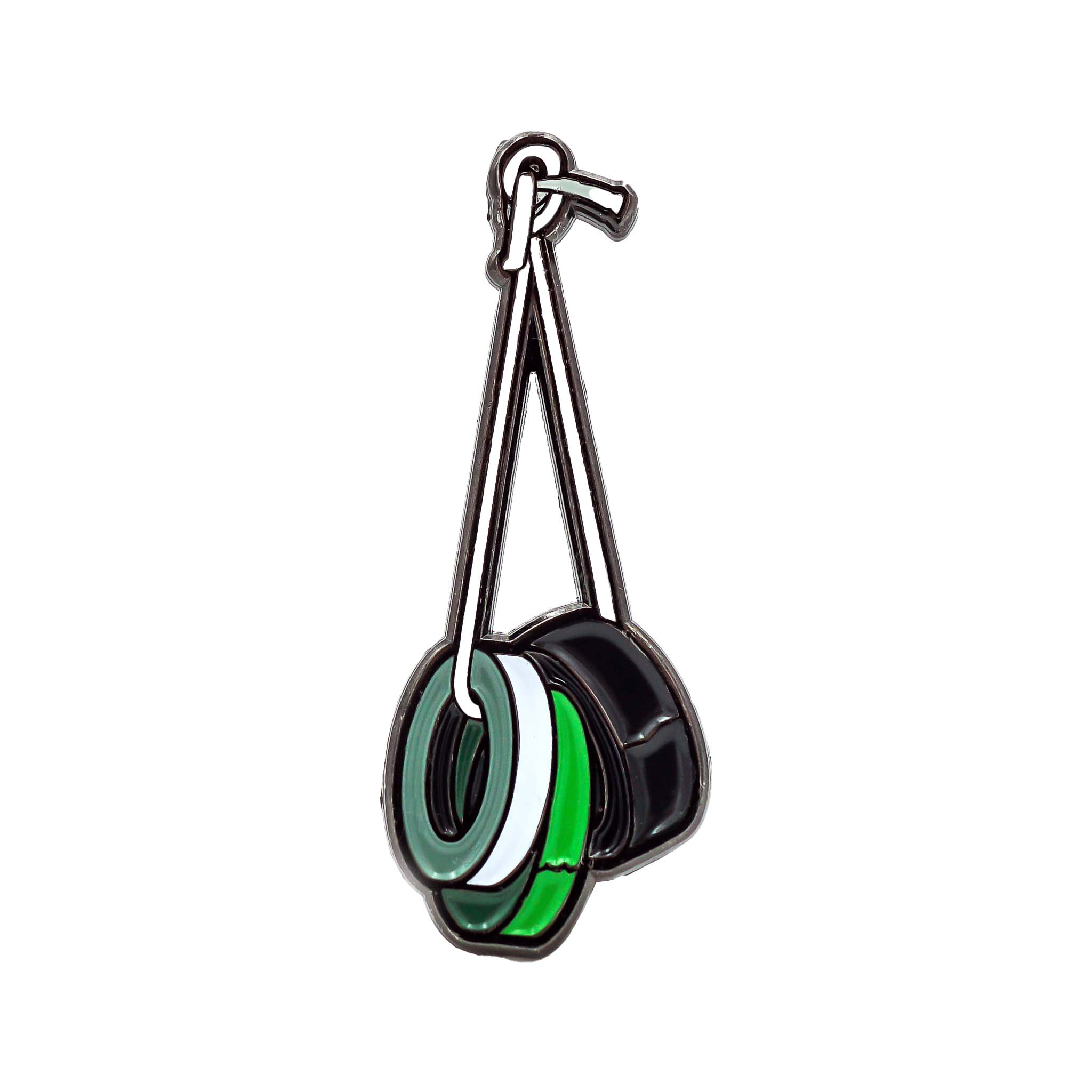 filmmaker gaffing tape roll Enamel pin with green and black design on a white background