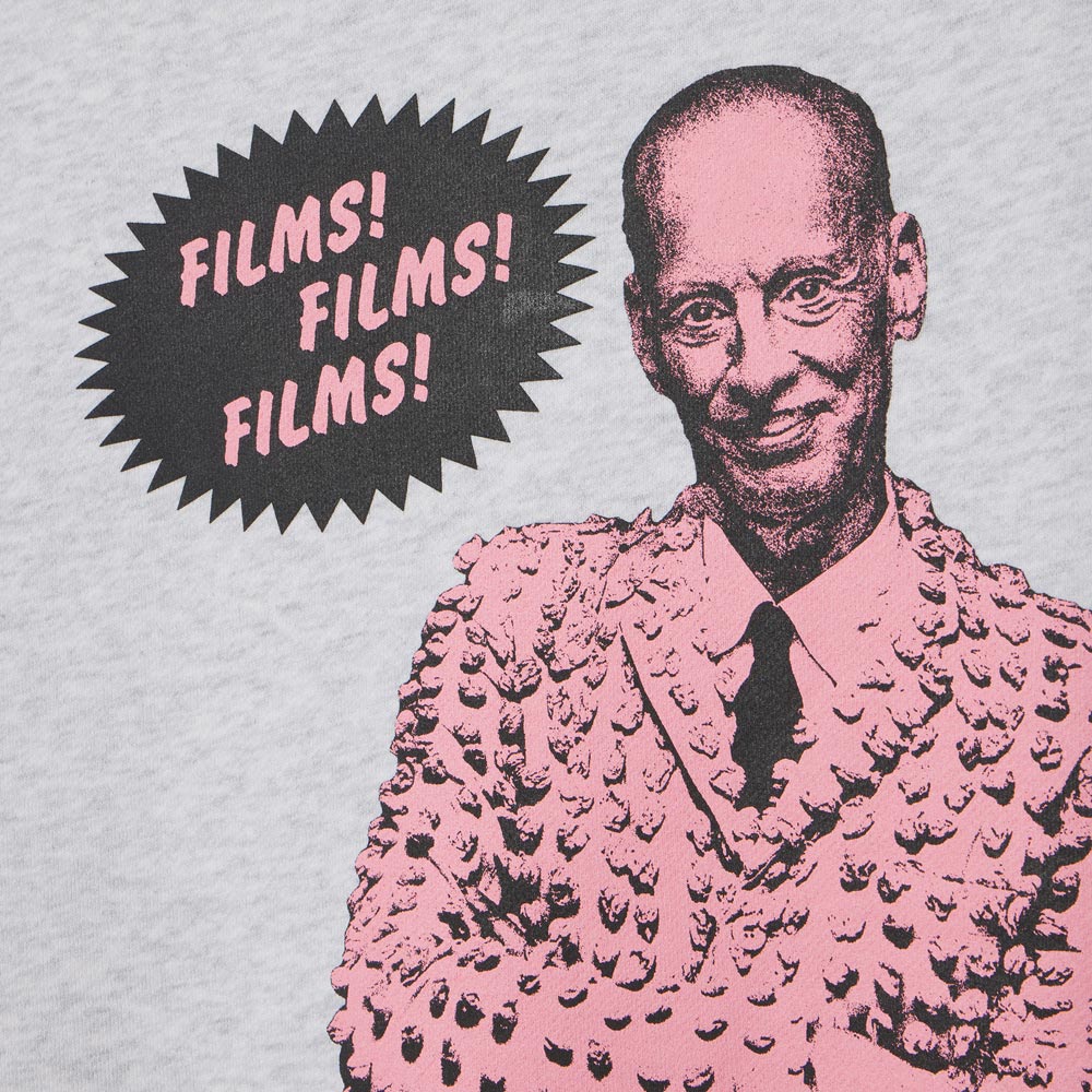 Person wearing a textured pink sweater with 'Films! Films! Films!' text on a light gray background Adult mens sweatshirt womens sweatshirt featuring John Waters