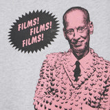 Person wearing a textured pink sweater with 'Films! Films! Films!' text on a light gray background Adult mens sweatshirt womens sweatshirt featuring John Waters