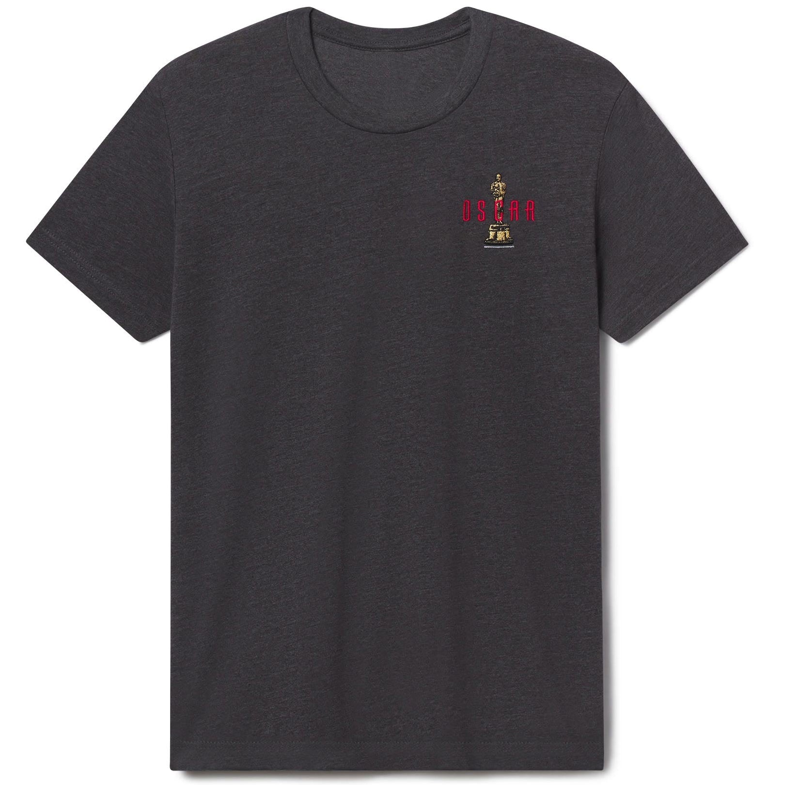 Black t-shirt with a small red and gold logo on a white background